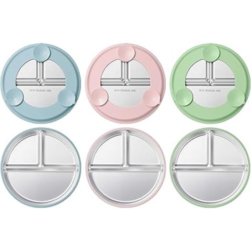 HaWare 3 Pack Stainless Steel Baby Suction Plates, 9 Inch Divided Toddler Plate with Removable Silicone Sleeves, Non Toxic & BPA Free Kids Feeding Set, Dishwasher Safe (Blue/Pink/Green)
