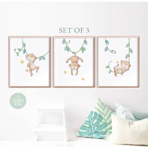 Monkey nursery art set, Baby room decor, Jungle nursery print set, Baby monkey wall art, Tropical animals decor