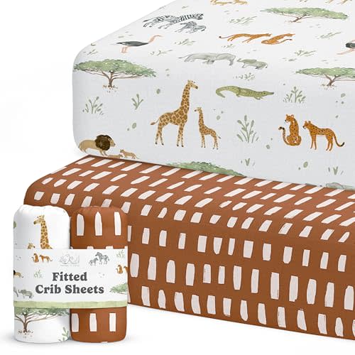 Crib Sheets Neutral - Fitted Baby Crib Sheets Bed for Girl Boy - 2 Pack Standard & Toddler Mattress (Safari Adventure) - Buttery Soft Organic Cotton Blend