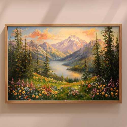 Valley View Wildflower Painting, Vintage Landscape Art Print, National Park Mountain Wall Art, Botanical Art Poster