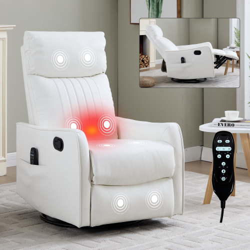 LLappuil Recliner Chair, 360° Swivel Massage Recliner Chair with Heat, Nursery Glider Rocker Recliner Chair for Living Room, Bedroom, Faux Leather White