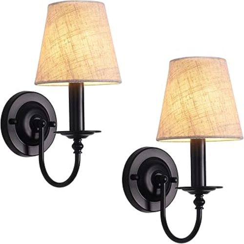 LASENCHOO Black Wall Sconces Set of Two, Modern Candle Sconces Wall Lighting Industrial Wall Light Fixtures with Fabric Lampshade, Bedside Wall Lamps for Bedroom Living Room Hallway Entryway Porch