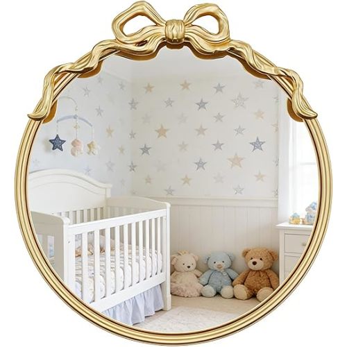 DUOHONG Bow Mirror 20 inch,Wall Art Decor Mirror Gold Bow Mirrors for Nursery,Bedroom, Hallway, Living Room