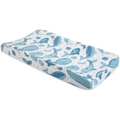 Crane Baby Quilted Changing Pad Cover with Animal Print, Breathable Cotton Sateen, Fits Standard 16”X32” Pads, Ocean Whale Blue