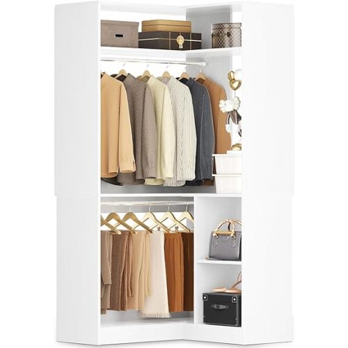 Aheaplus Corner Closet System With Shelves, 34'' Organizer With Hanging Rods, Wood Walk-in for Small Space, Freestanding Tower, L Shaped Garment Rack, White