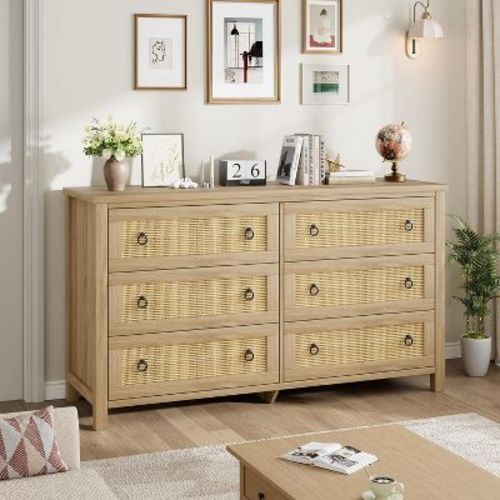 Rattan 6-Drawer Dresser, Wooden Closet Dressers for Bedroom, Living Room and Entryway