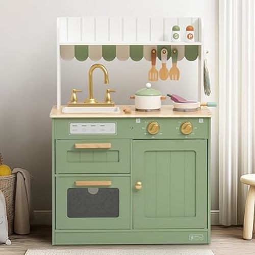 ROBUD Wooden Play Kitchen Set for Kids, Pretend Play Kitchen Toy Set with Golden Faucet, Sink, Oven, Stove, Cabinet, Vintage Style, Gift for Boys & Girls Ages 3+ (Green)