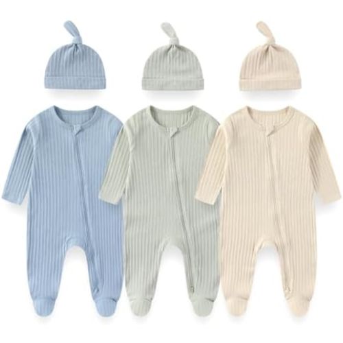 Unisex Newborn Baby Long Sleeve Romper 3-Pack with Matching Hats Solid Color Outfits