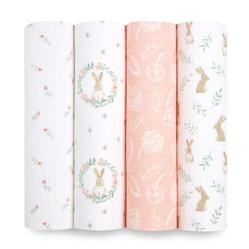 aden + anais essentials , Cotton Muslin Swaddle Blanket, Pink Blushing Bunnies, Girls, 4-pack