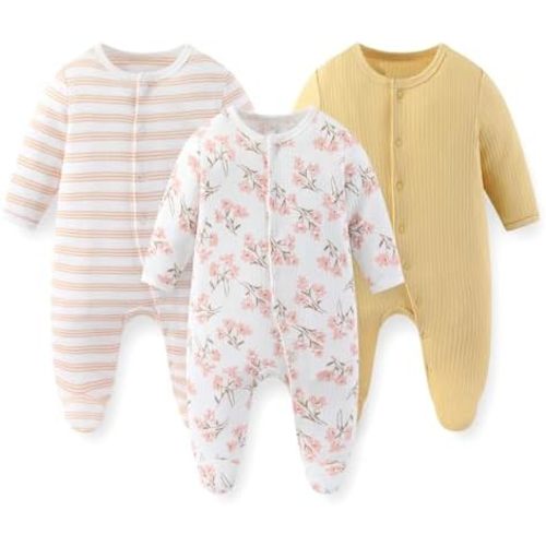 Unisex Baby Boy Girl Footies Rompers Cotton Long Sleeve 3 Pack Infant Jumpsuits 0-12Months Babies' Outfits