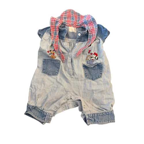 Vintage Disney Baby Romper Minnie & Pluto Denim Striped Overalls 6-9M USA
