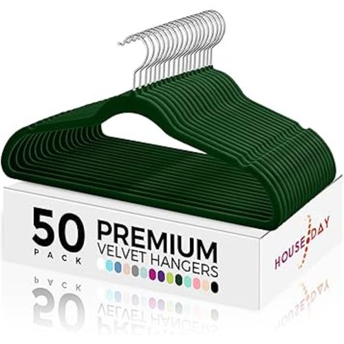 HOUSE DAY Premium Velvet Hangers 50 Pack, Non-Slip Flocked Felt Hangers, Sturdy Clothes Hanger with 360° Rotatable Hook, Heavy Duty Durable Slim Coat Hanger for Closet Space Saving(Emerald Green)