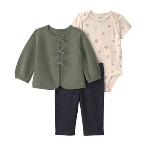 Baby Girls' Quilted French Terry Long-Sleeve Cardigan, Bodysuit and Pants, 3-Piece Set