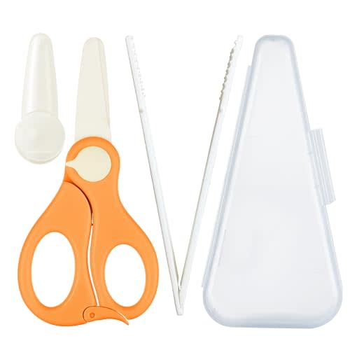 Baby Food Scissors with Travel Case and Tongs Set, Fully Detachable Ceramic Kids Food Scissors with Safety Lock, Dishwasher Safe, Ideal for Noodles, Meats, Vegetables, Pizza and Fruits (B)