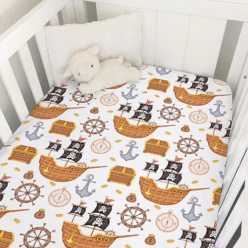 Sea Ocean Baby Crib Sheets 52''x28'' Pirates Ship Compass Anchor Rudder Snug Fitted Crib Mattress Cover for Boy Girl Nautical Life Soft Nursery Bed Sheets for Standard Crib and Toddler Mattresses