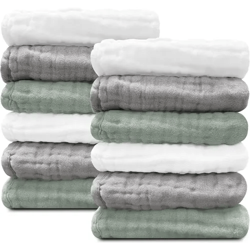 Sunny zzzZZ Baby Muslin Washcloths -100% Cotton Muslin Soft Baby Bath Wash Cloths and Absorbent Burp Cloths for Newborns Kids Girls and Boys -12 Pack, 12x12 Inches - White+Green+Grey