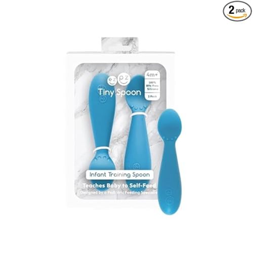 ezpz Tiny Spoon (2 Pack in Blue) - 6 Months+ - 100% Silicone Spoon for Baby Led Weaning + Purees - Designed by a Pediatric Feeding Specialist - Shower Essentials & Gifts
