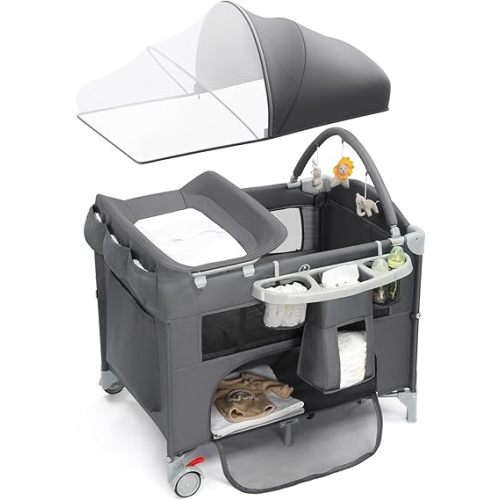 Ktaxon 5 in 1 Bedside Bassinet, Pack and Play, Bedside Crib with Diaper Changer, Spacious Storage Basket, Protective Mosquito Net, Engaging Toy Bar and Travel Bag for Newborn to Toddler(Grey)