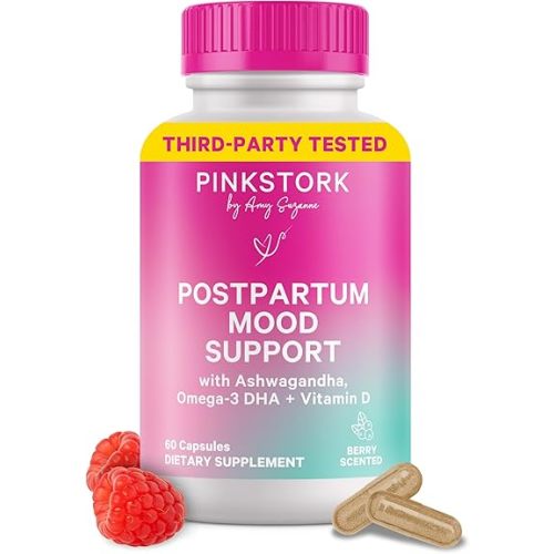 Pink Stork Postpartum Mood Support - Postnatal Hormone Balance for Women - Breastfeeding Friendly New Mom Essentials - Ashwagandha, Chamomile, & Vitamin D - Stress & Mood, 60 Capsules