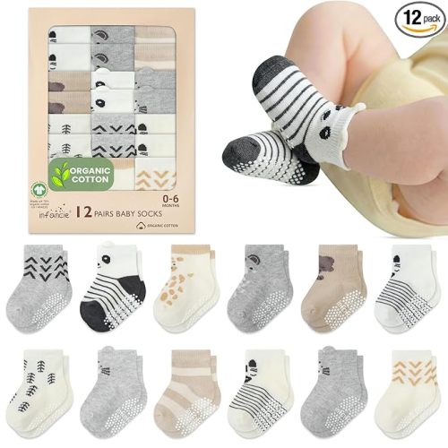 Organic Cotton GOTS Certified Infant Socks 12 Pair - Soft and Comfortable Infant Socks 0-6 Months, Premium Boys Cotton Socks, Gift for Newborn Boys