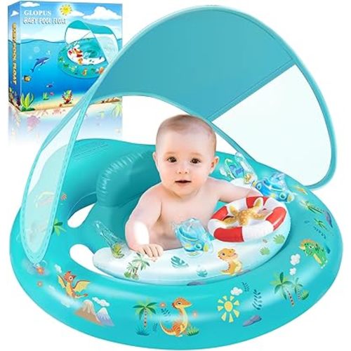 Baby Pool Float with Canopy UPF50+ Sun Protection, Inflatable Kids Pool Floats with Toy Play Console for Baby 6-36 Months, Infant Swimming Float with Adjustable Safety Seat for Boys Girls