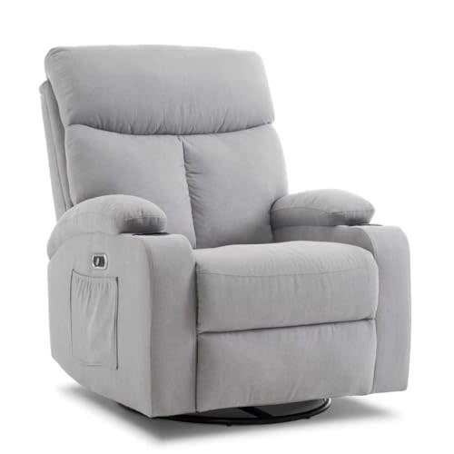 Ketaiyou Power Swivel Rocker Recliner Massage Chair for Adults, Electric Rocking Glider,USB and Type-C Ports, Upholstered Fabric Reclining Sofa Chair for Living Room(Grey)