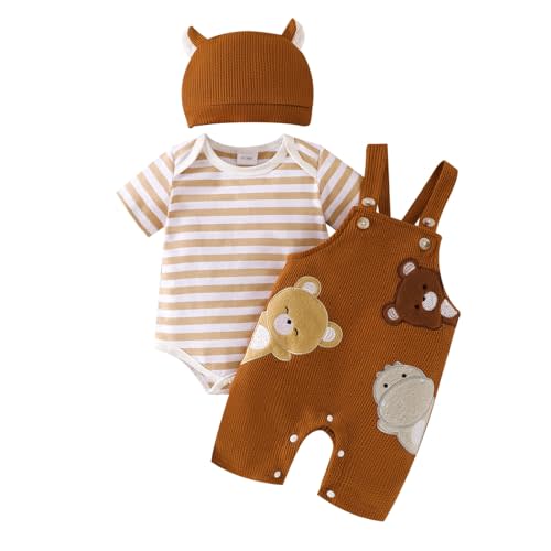 Baby Boy Clothes Newborn Striped Romper Infant Bear Suspender Overall Cute Hat 3Pcs Set Summer Outfits 0-18 Months