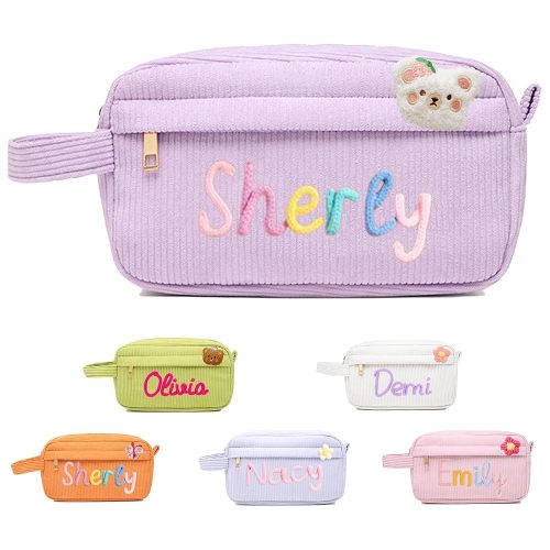 Personalized Embroidery Corduroy Cosmetic Bag with Name , Custom Pencil Bags for Women, Lady Tote with Zipper Closure pencil pouch Makeup Storage Pouch, Gifts for Travel, Birthday, Christmas