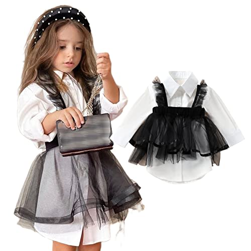 LXXIASHI 2PCS Baby Girl Dress Sets, Toddler Suspender Skirt Mesh Tulle Tank Top + Lapel Button Down Shirt