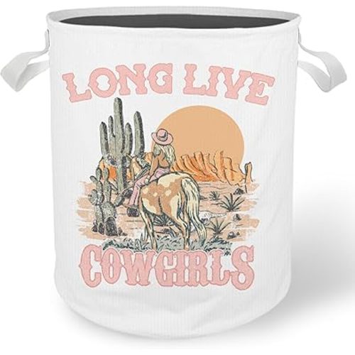 Western Cowgirl Laundry Basket Hamper, Toybox for Girls, Long Live Cowgirls Western Waterproof Collapsible Storage Bin Organizer for Bedroom Bathroom Girls Dorm Clothes Toys Books