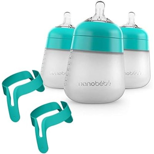 Nanobebe Silicone Baby Bottles 9oz 3pk Teal Bundled with Bottle Handles 2-Pack, Teal