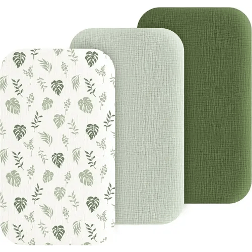 Muslin Bedside Sleeper Bassinet Fitted Sheets, 3 Pack Cotton Baby Sheet for Boys & Girls, Soft, Compatible with Baby Delight, Dream On Me, AMKE and Other Rectangle Mattress (Leaf Green)