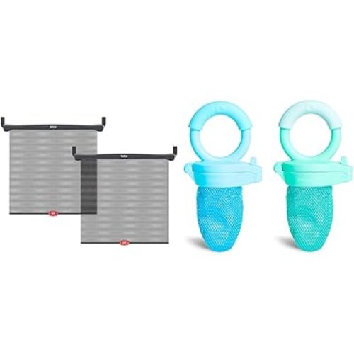 Munchkin Brica Car Window Roller Shade with Heat Alert, Black, 2 Count & Munchkin Fresh Food Feeder, Blue/Mint, 2 Count