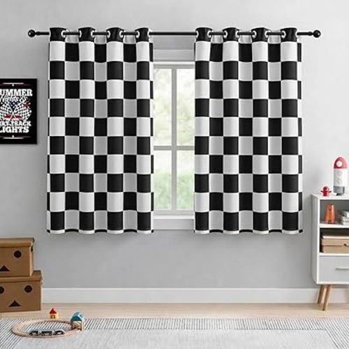 100% Blackout Curtains – Black and White Checkered Race Flag Pattern, 2 Panels, Each W52×L63, Thermal Insulated, Nosie Reducing for Bedroom, Living Room, Race car Drapes