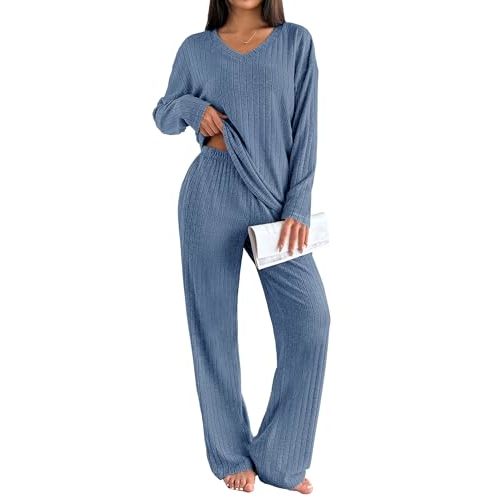 Ekouaer Lounge Sets for Women Long Sleeve Knit Ribbed Pajama Sets 2 Piece Casual Loungewear with Pockets