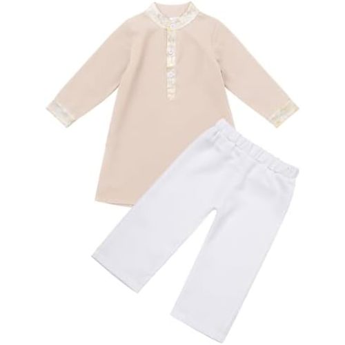 IDOPIP Muslim Baby Boys Outfits Embroidered Ramadan Eid Thobe Robe with Pants Long Sleeve Arabic Islamic Kaftan Abaya Clothes