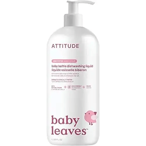 ATTITUDE Baby Bottle & Dish Soap, EWG Verified Bottle Cleaner, Fragrance Free & Dye Free, Removes Milk Residue & Grease, Vegan, Unscented, 33.8 Fl Oz