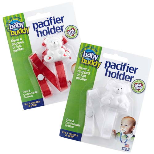 Baby Buddy Pacifier Holder Clip- Cute Fashionable Bear Clips onto Babys Shirt, Snaps to Paci, Teether, Red-White, 2 Pack