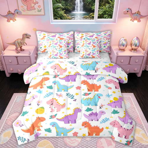 Feelyou Cartoon Dinosaur Egg Twin Bedding Sets for Boys Girls Kids, Flower Floral Bedding Comforter Set, Pink Purple, Reversible, 7 Pieces
