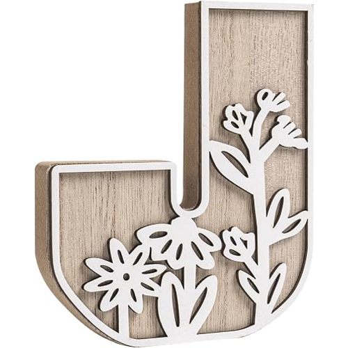 3D Layered Floral Wooden Letters for Wall Decor, 4.9" Name Sign for Nursery, Wood Alphabet Letter J Boho Wildflower Girls Kids Room Initials for Table Shelf Home Decorations