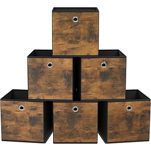 SONGMICS Storage Cubes, Set of 6 Storage Bins with Handles, Foldable Oxford Fabric and Non-Woven Fabric Storage Boxes, 10.2x10.2x11 Inches, Fit Cube Storage Unit, Rustic Brown URFB126B01