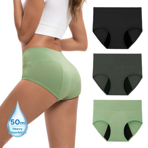 INNERSY Women's Bamboo Period Underwear Heavy Flow Breathable High Waist Leakproof Briefs 3-Pack(Large,Black/Dark gray/Green)