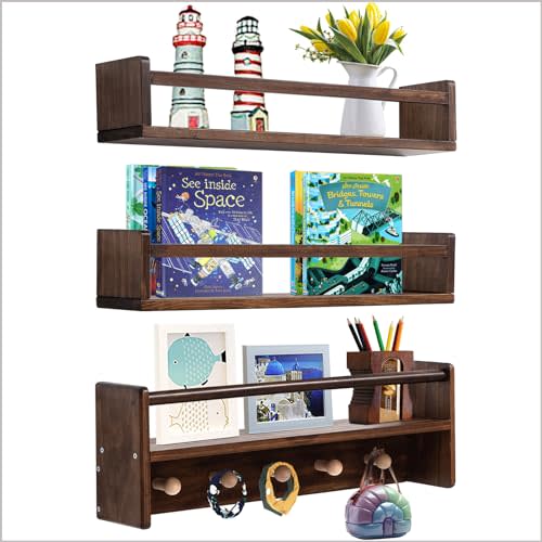 AZSKY 16 Inch Nursery Book Shelves Wall Floating Bookshelf with Hook Deep Walnut Hanging Book Shelf Toddler Room for Kids Room Bedroom Bathroom Living Room Kitchen Set of 3