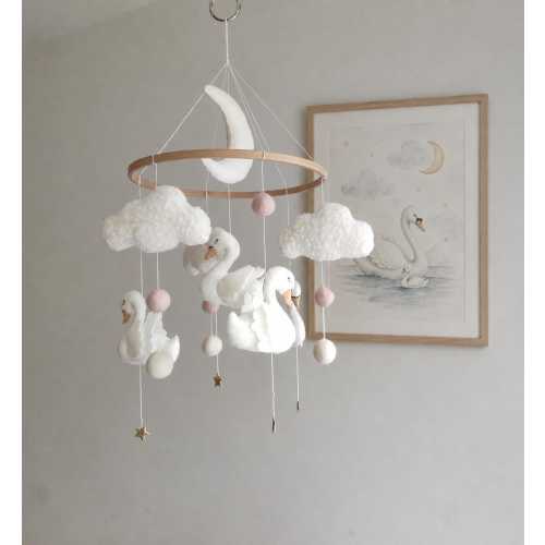 Handmade Swan Baby Mobile, Felt Moon Clouds Nursery Decor
