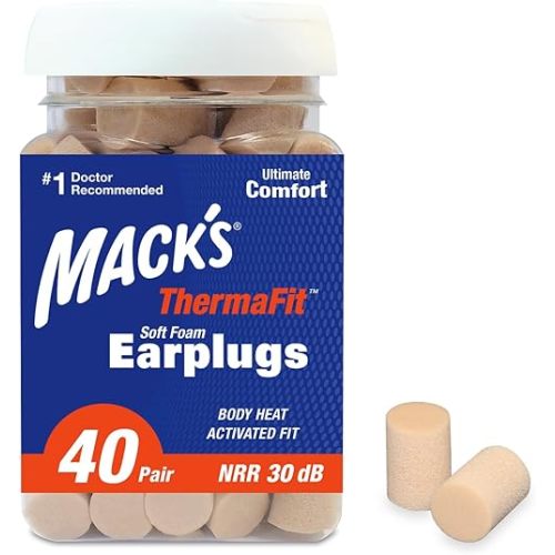 Mack’s ThermaFit Soft Foam Earplugs, 40 Pair - Comfortable Ear Plugs for Sleeping, Snoring, Work, Travel & Loud Events | Made in USA | Newly Upgraded and Improved