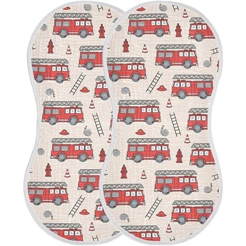 Muslin Burp Cloths for Baby Boys and Girls - 2-Pack Ultra Absorbent Fire Truck Muslin Washcloths, Newborn Towel, Milk Spit Up Rags, Burp Cloth Bibs for Unisex, 22 x 11 Inch