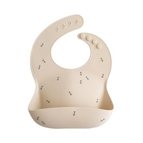 mushie Silicone Baby Bib | Adjustable Fit Waterproof Bibs (Pink Flowers)