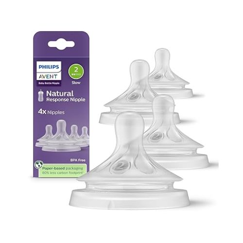 Philips Avent Natural Response Nipples, Extra Slow Flow, BPA-Free, 4-Pack | Baby-Controlled Flow, No-Drip Design, Anti-Colic Valve, Wide Breast-Shaped Nipple, 4-Pack, SCY961/44