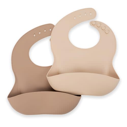 Silicone Bib 2-Pack: Safe, Non-Toxic, Food-Grade. Waterproof, Adjustable Neck Band, Easy-Clean Pouch Catcher.