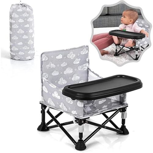 Toddler Booster Seat for Kitchen Chair & Travel - Portable Foldable with Removable Tray, Baby Camping Chair 6-36 Months Indoor Outdoor (White Cloud Design)